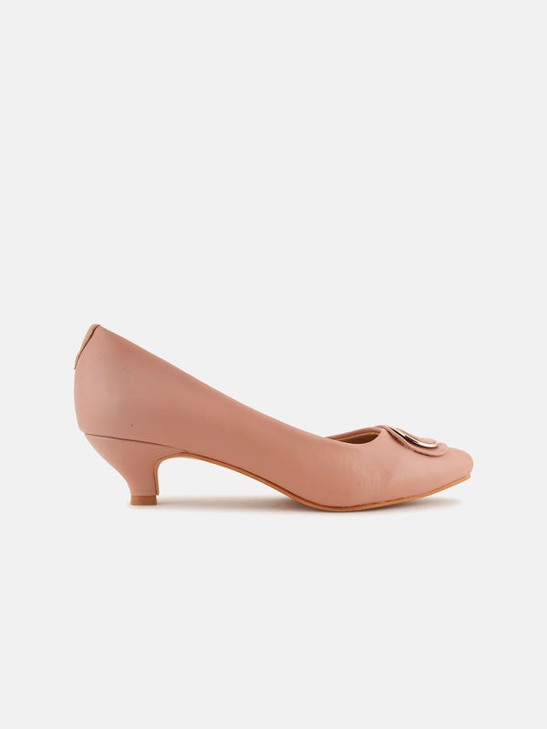 Mast & Harbour Peach-Coloured Round Toe Kitten Heeled Pumps