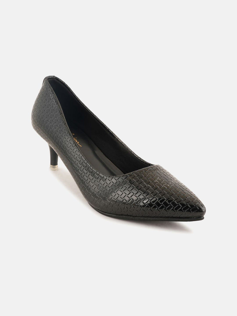 Mast & Harbour Black Textured Pointed Toe Kitten Heeled Pumps