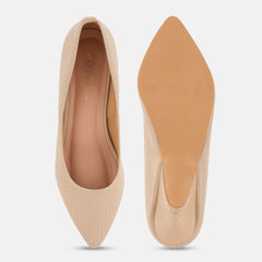 Mast & Harbour Cream Coloured Textured Pointed Toe Kitten Heeled Pumps
