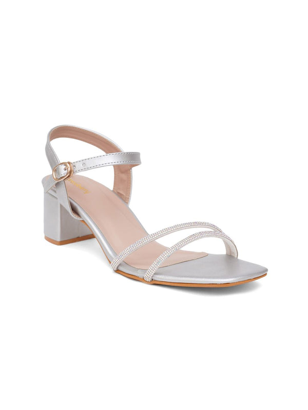 DressBerry Silver-Toned Embellished Open Toe Block Heels