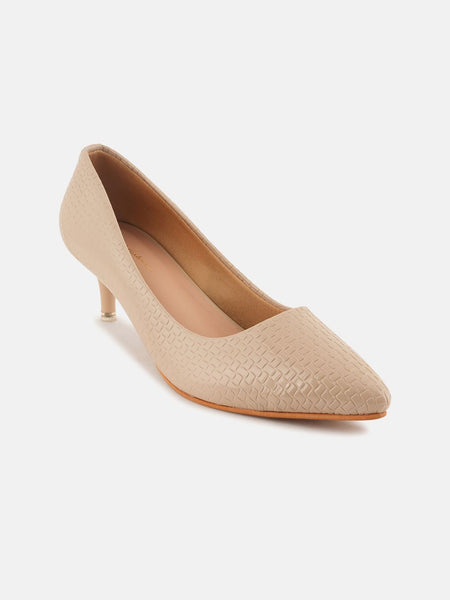 Mast & Harbour Cream Coloured Textured Pointed Toe Kitten Heeled Pumps