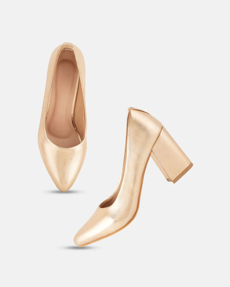 Shetop Women Metallic Pointed Toe Block Heel Pumps