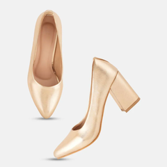 Shetop Women Metallic Pointed Toe Block Heel Pumps