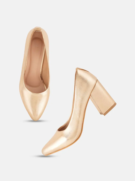 Shetop Women Metallic Pointed Toe Block Heel Pumps