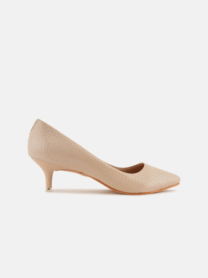 Mast & Harbour Cream Coloured Textured Pointed Toe Kitten Heeled Pumps