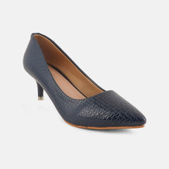 Mast & Harbour Navy Blue Textured Pointed Toe Kitten Heel Pumps
