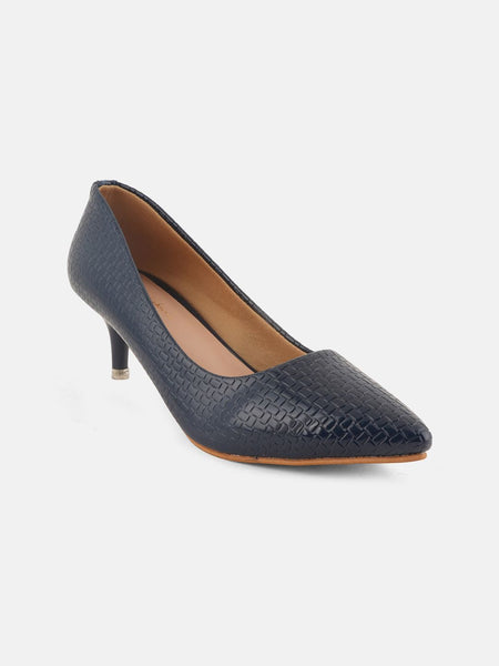Mast & Harbour Navy Blue Textured Pointed Toe Kitten Heel Pumps