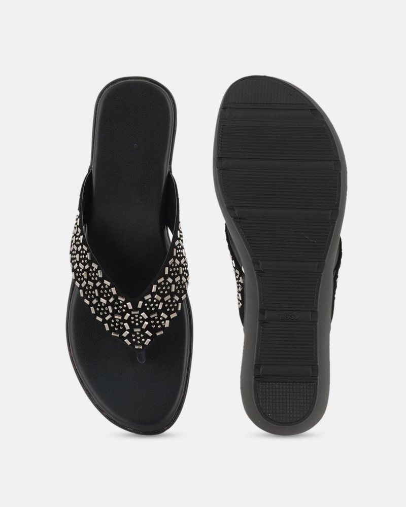Anouk Black Embellished Open Toe Wedge Heels