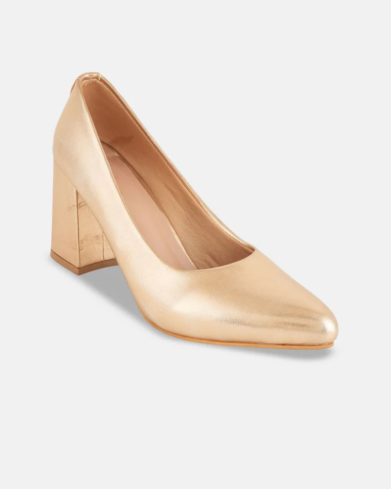 Shetop Women Metallic Pointed Toe Block Heel Pumps