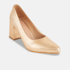 Shetop Women Metallic Pointed Toe Block Heel Pumps