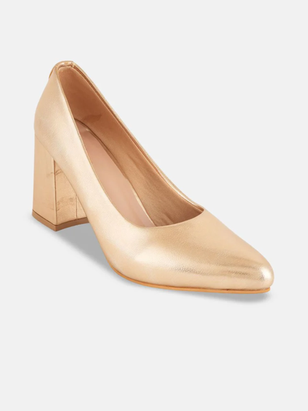 Shetop Women Metallic Pointed Toe Block Heel Pumps