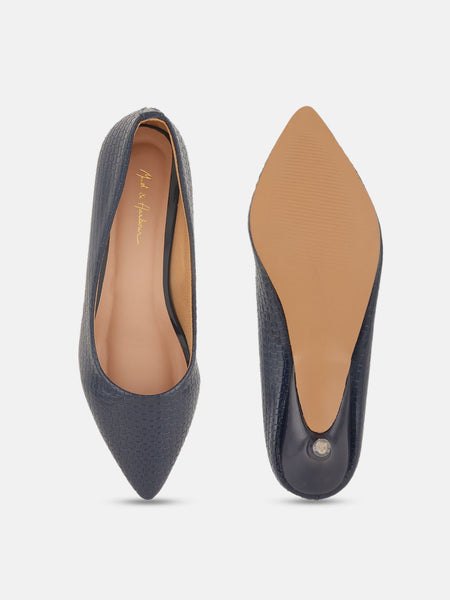 Mast & Harbour Navy Blue Textured Pointed Toe Kitten Heel Pumps