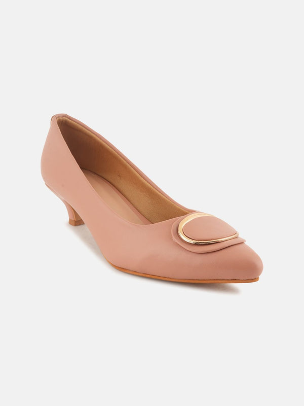Mast & Harbour Peach-Coloured Round Toe Kitten Heeled Pumps