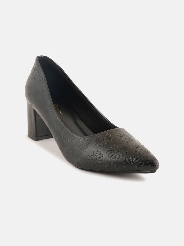Mast & Harbour Black Textured Pointed Toe Block Heeled Pumps