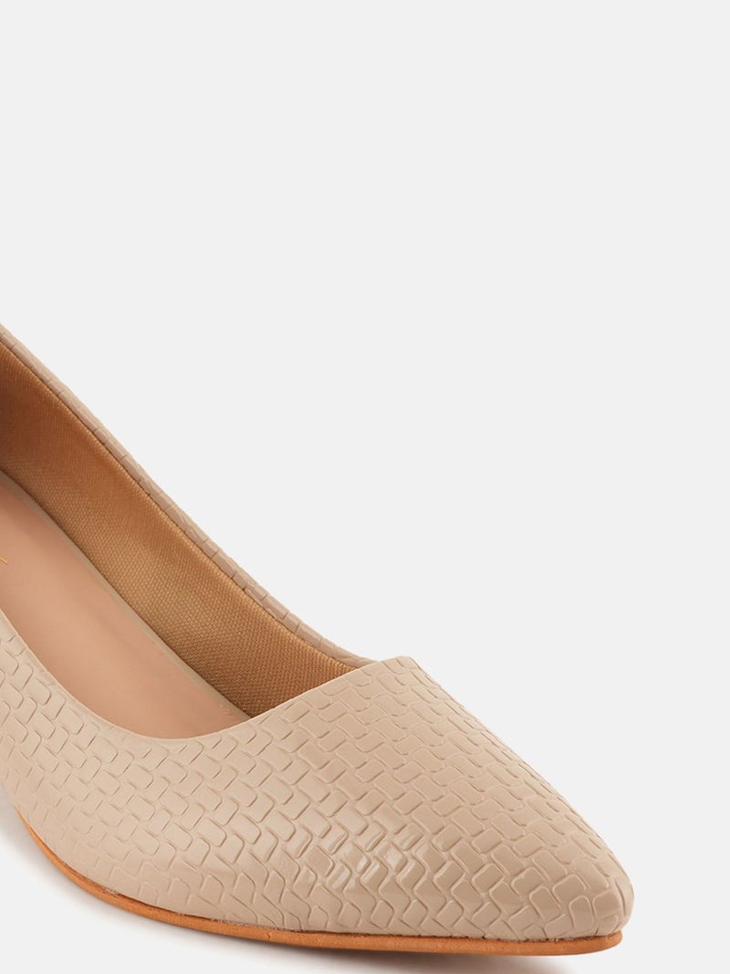 Mast & Harbour Cream Coloured Textured Pointed Toe Kitten Heeled Pumps