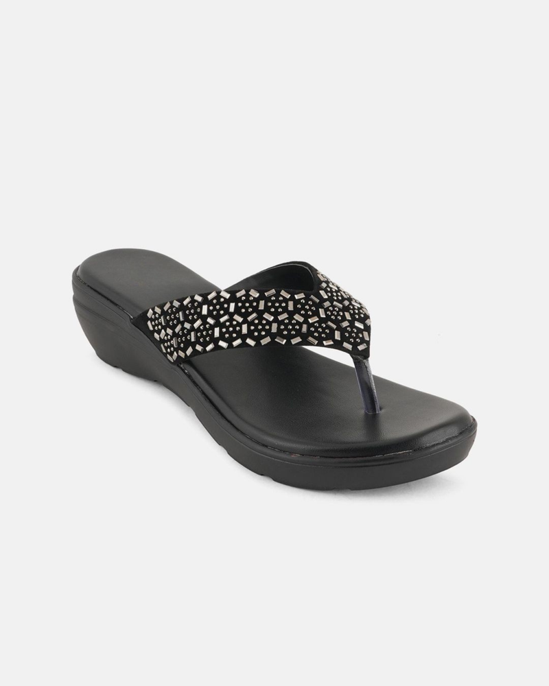 Anouk Black Embellished Open Toe Wedge Heels