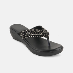 Anouk Black Embellished Open Toe Wedge Heels