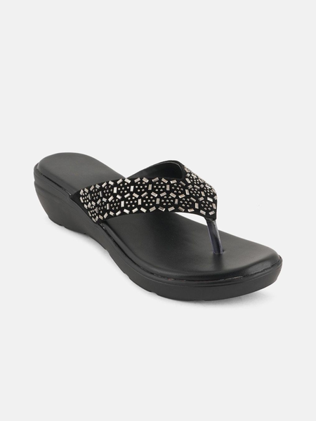Anouk Black Embellished Open Toe Wedge Heels