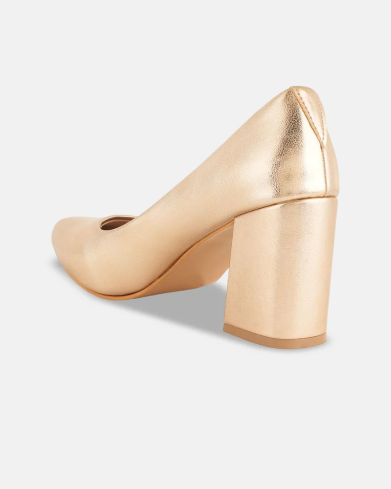 Shetop Women Metallic Pointed Toe Block Heel Pumps