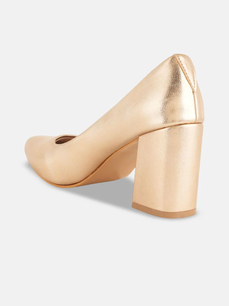 Shetop Women Metallic Pointed Toe Block Heel Pumps