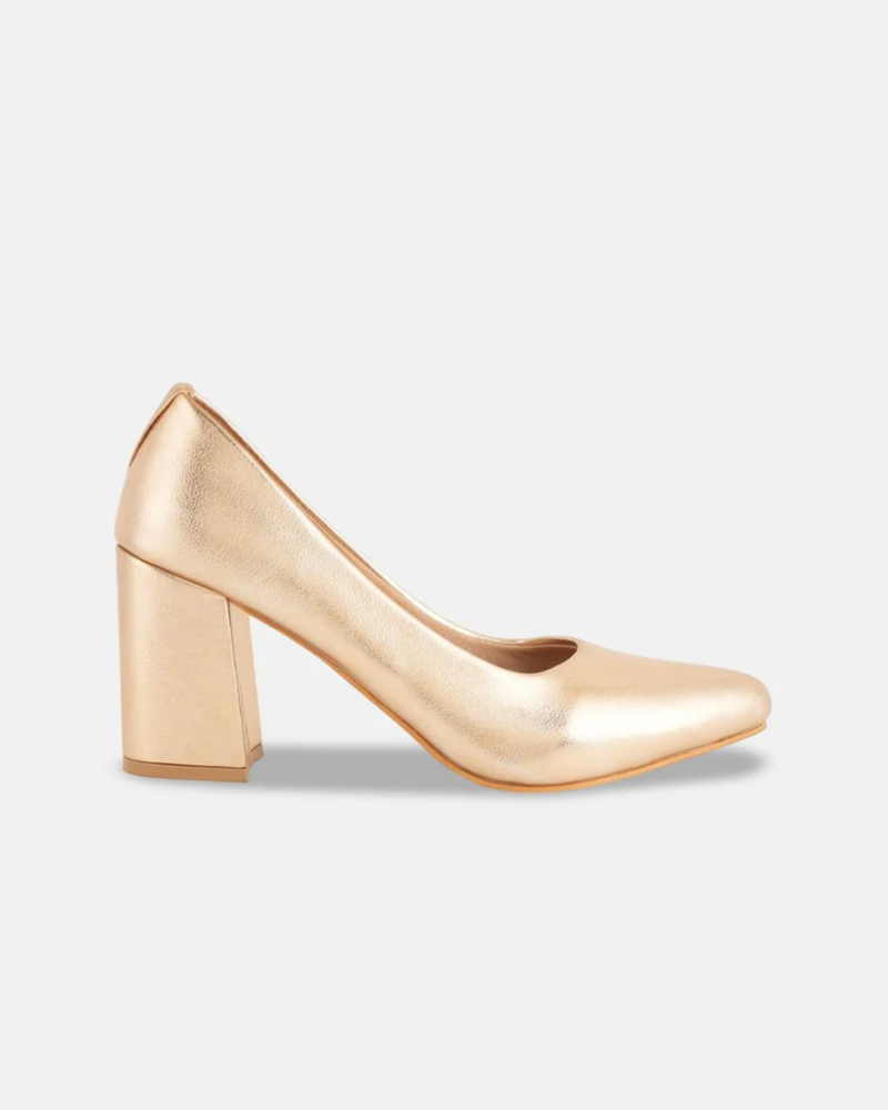 Shetop Women Metallic Pointed Toe Block Heel Pumps
