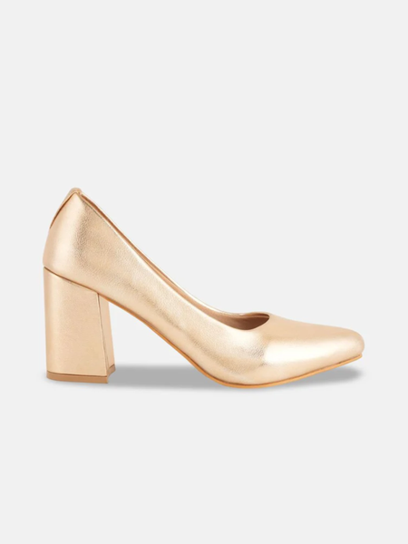 Shetop Women Metallic Pointed Toe Block Heel Pumps