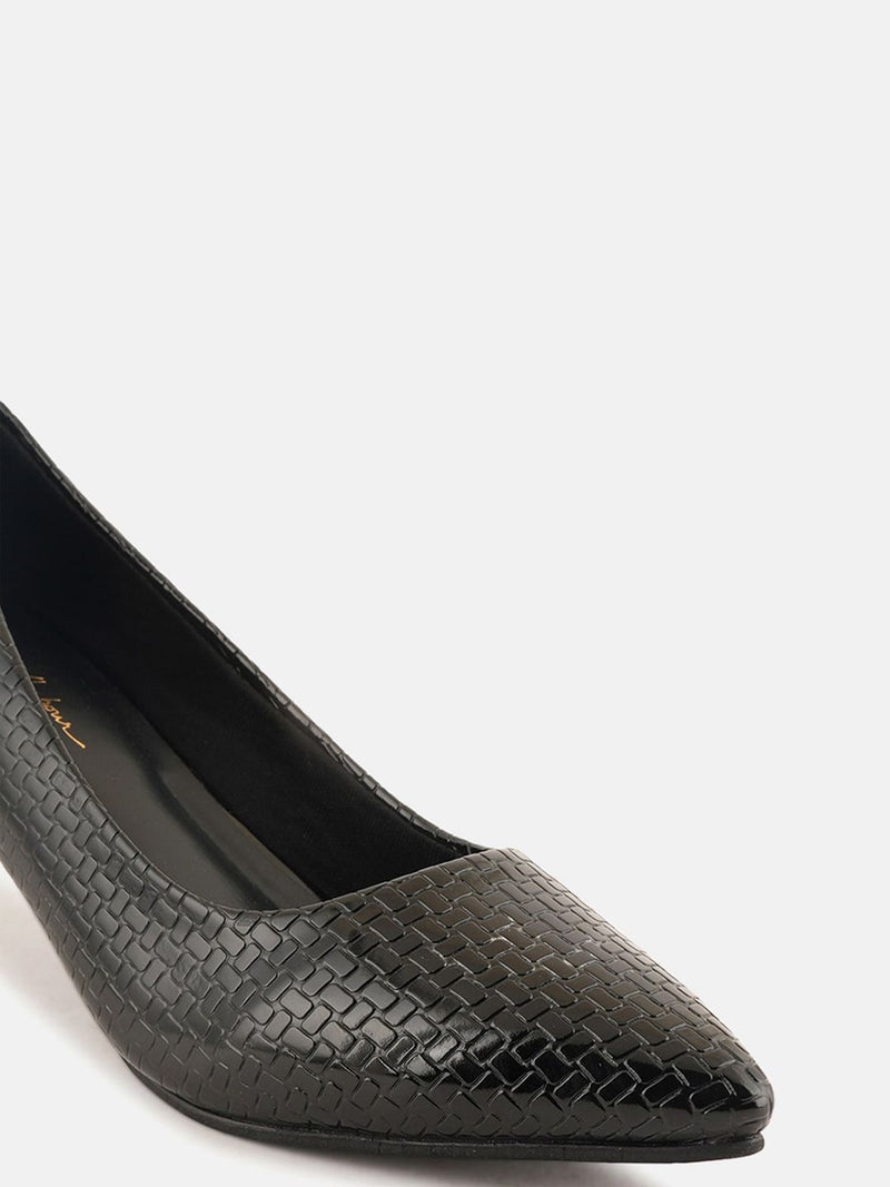 Mast & Harbour Black Textured Pointed Toe Kitten Heeled Pumps