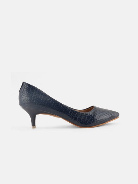 Mast & Harbour Navy Blue Textured Pointed Toe Kitten Heel Pumps