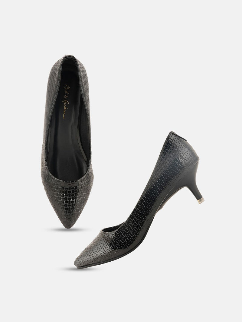 Mast & Harbour Black Textured Pointed Toe Kitten Heeled Pumps