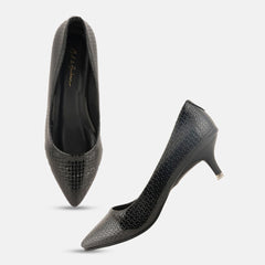 Mast & Harbour Black Textured Pointed Toe Kitten Heeled Pumps