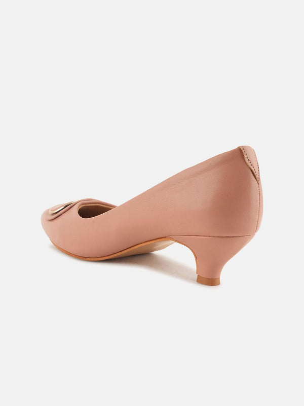 Mast & Harbour Peach-Coloured Round Toe Kitten Heeled Pumps