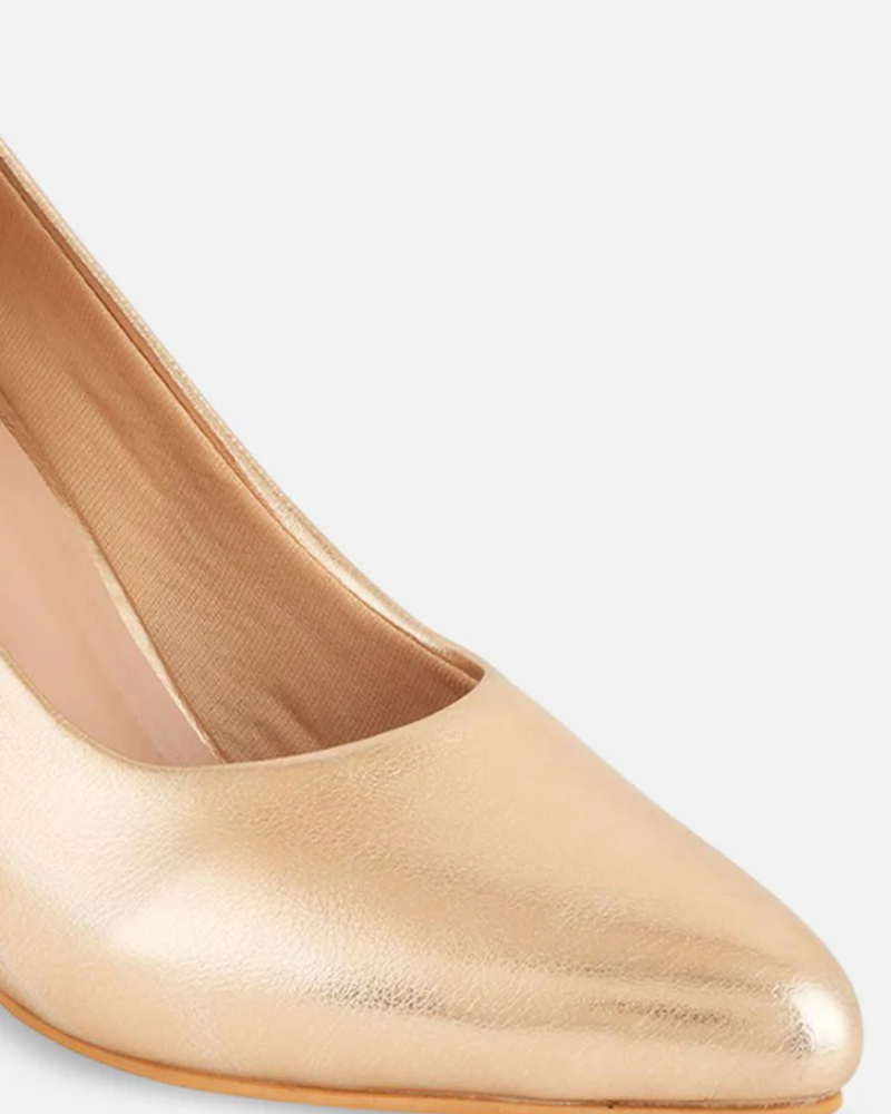 Shetop Women Metallic Pointed Toe Block Heel Pumps