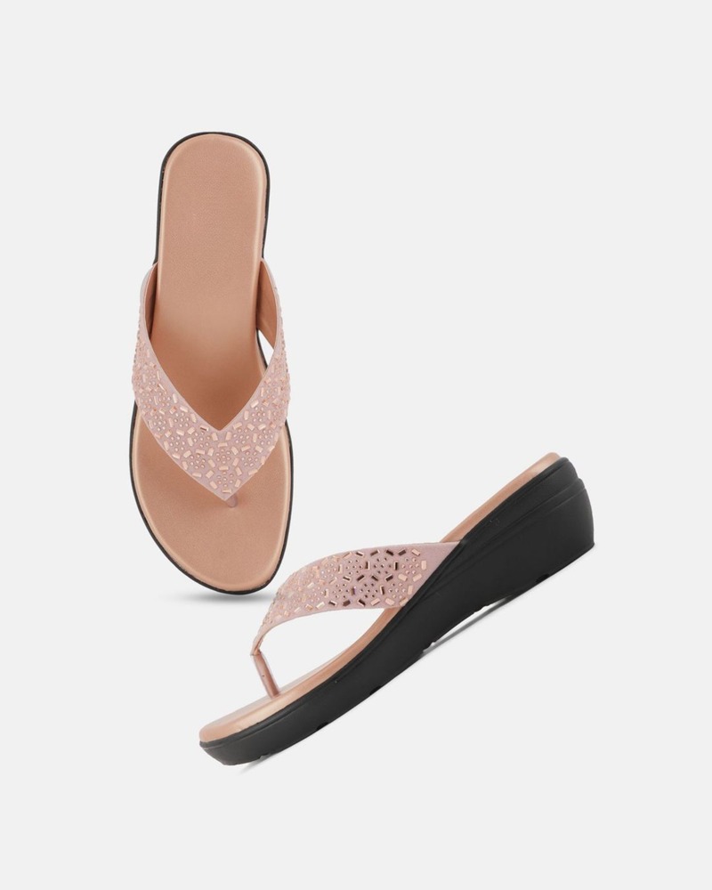 SheTop Rose Gold Toned Embellished Open Toe Wedge Heels