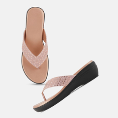 SheTop Rose Gold Toned Embellished Open Toe Wedge Heels