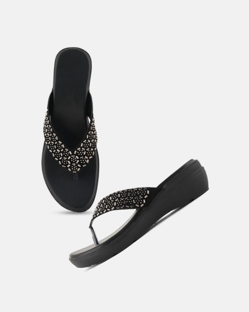 Anouk Black Embellished Open Toe Wedge Heels