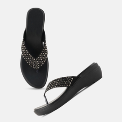 Anouk Black Embellished Open Toe Wedge Heels