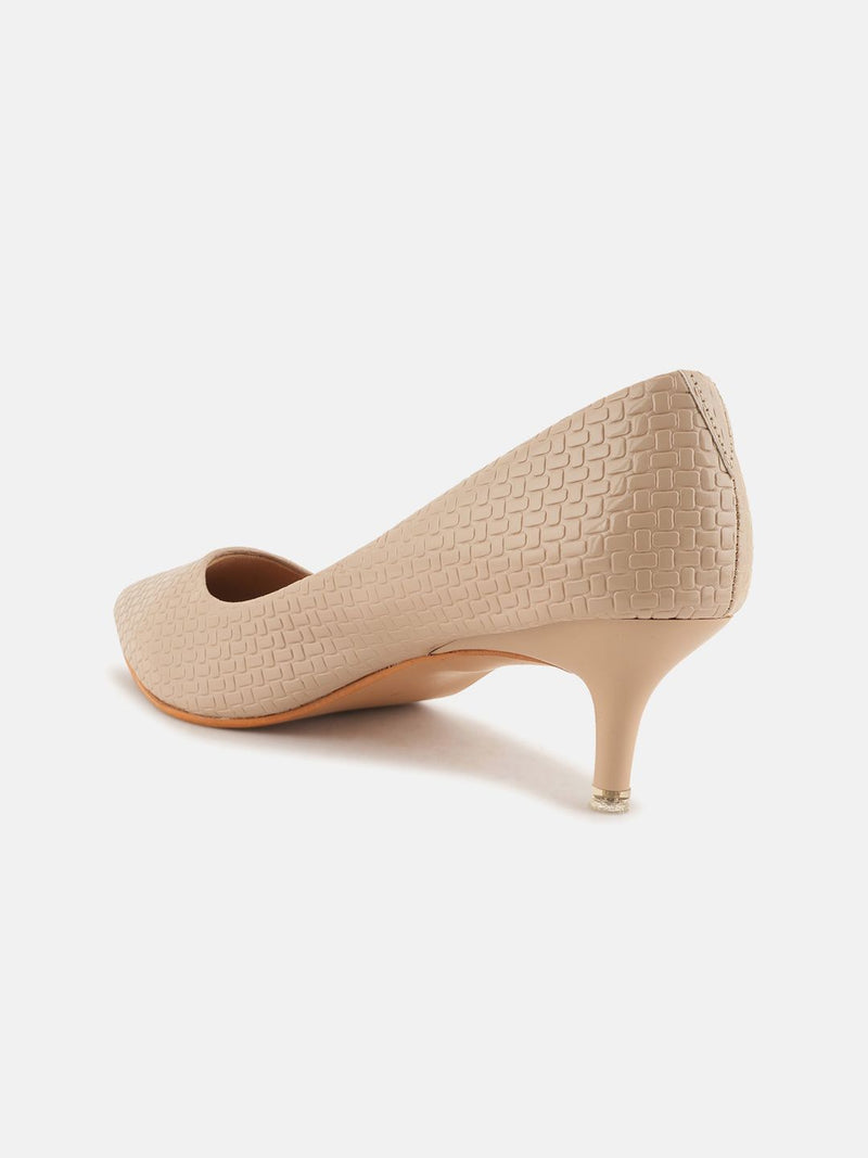 Mast & Harbour Cream Coloured Textured Pointed Toe Kitten Heeled Pumps