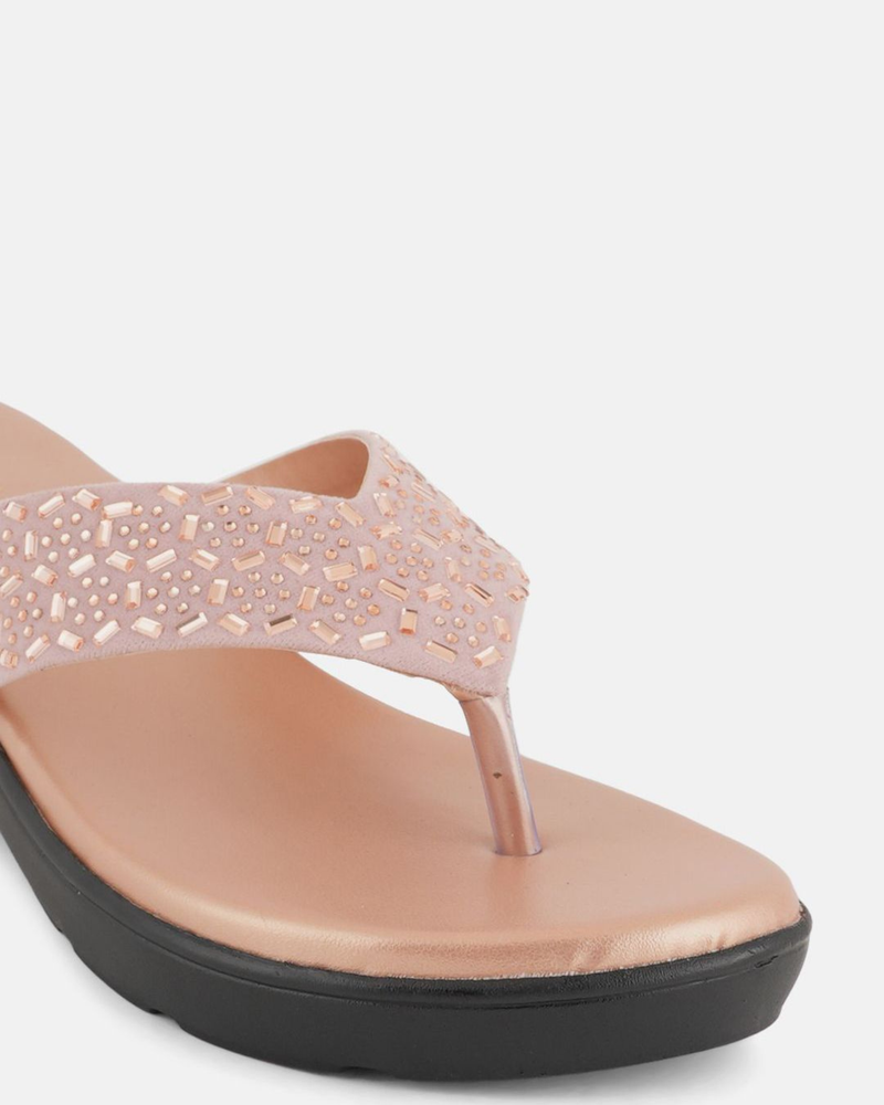 SheTop Rose Gold Toned Embellished Open Toe Wedge Heels