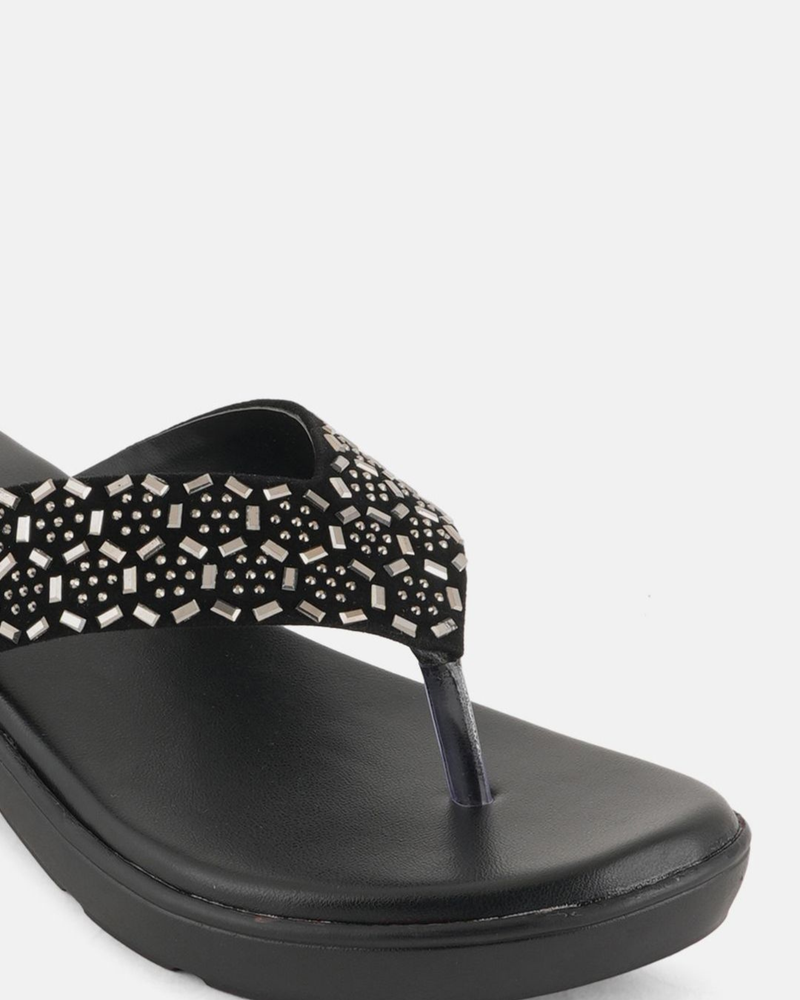 Anouk Black Embellished Open Toe Wedge Heels