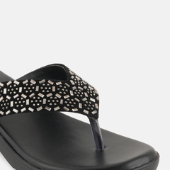 Anouk Black Embellished Open Toe Wedge Heels