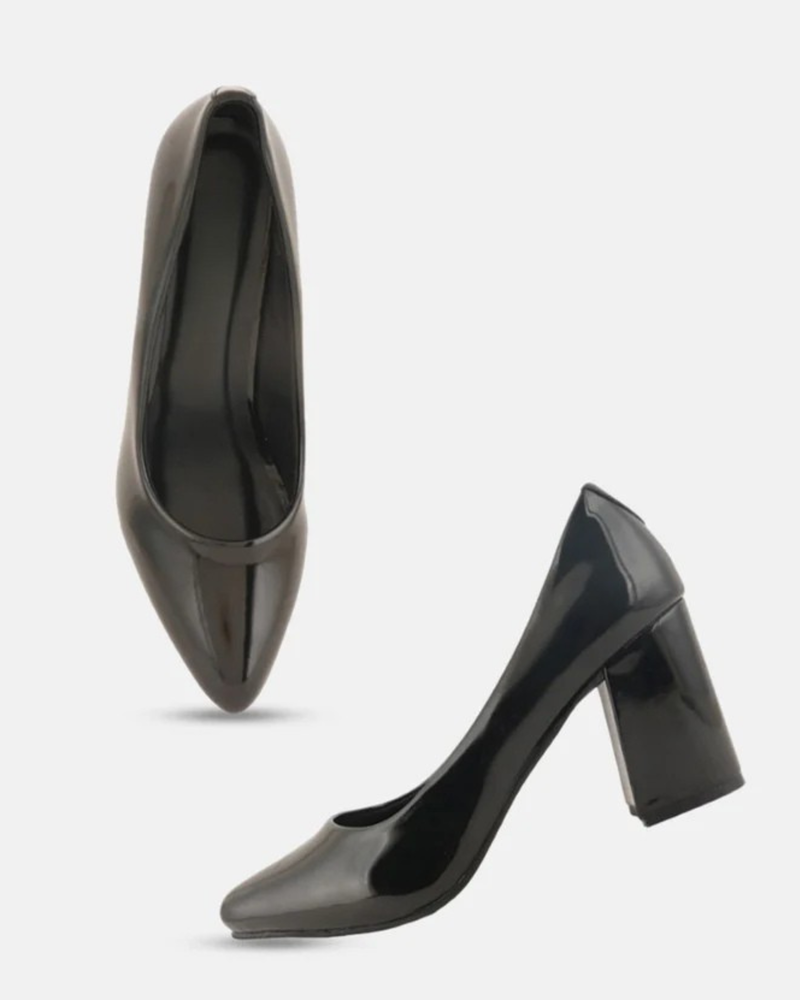 SheTop Black Pointed Toe Block Heel Pumps
