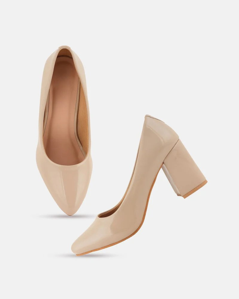 SheTop Beige Round Toe Block Heeled Pumps