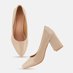 SheTop Beige Round Toe Block Heeled Pumps