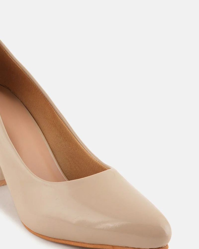 SheTop Beige Round Toe Block Heeled Pumps