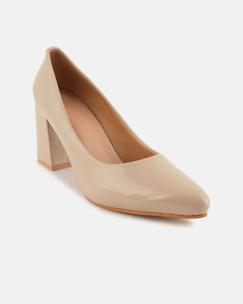 SheTop Beige Round Toe Block Heeled Pumps