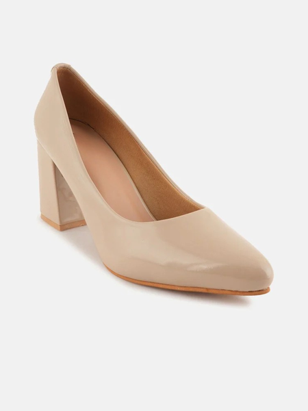 SheTop Beige Round Toe Block Heeled Pumps