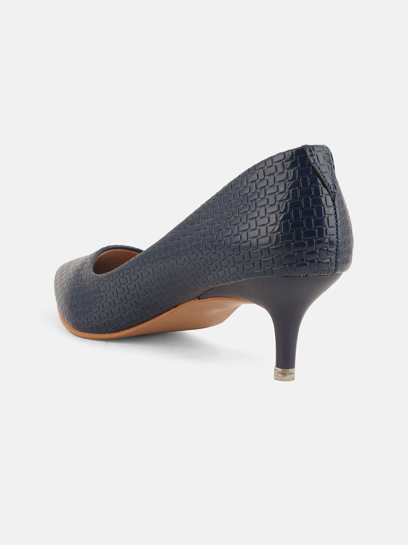 Mast & Harbour Navy Blue Textured Pointed Toe Kitten Heel Pumps