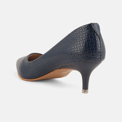 Mast & Harbour Navy Blue Textured Pointed Toe Kitten Heel Pumps
