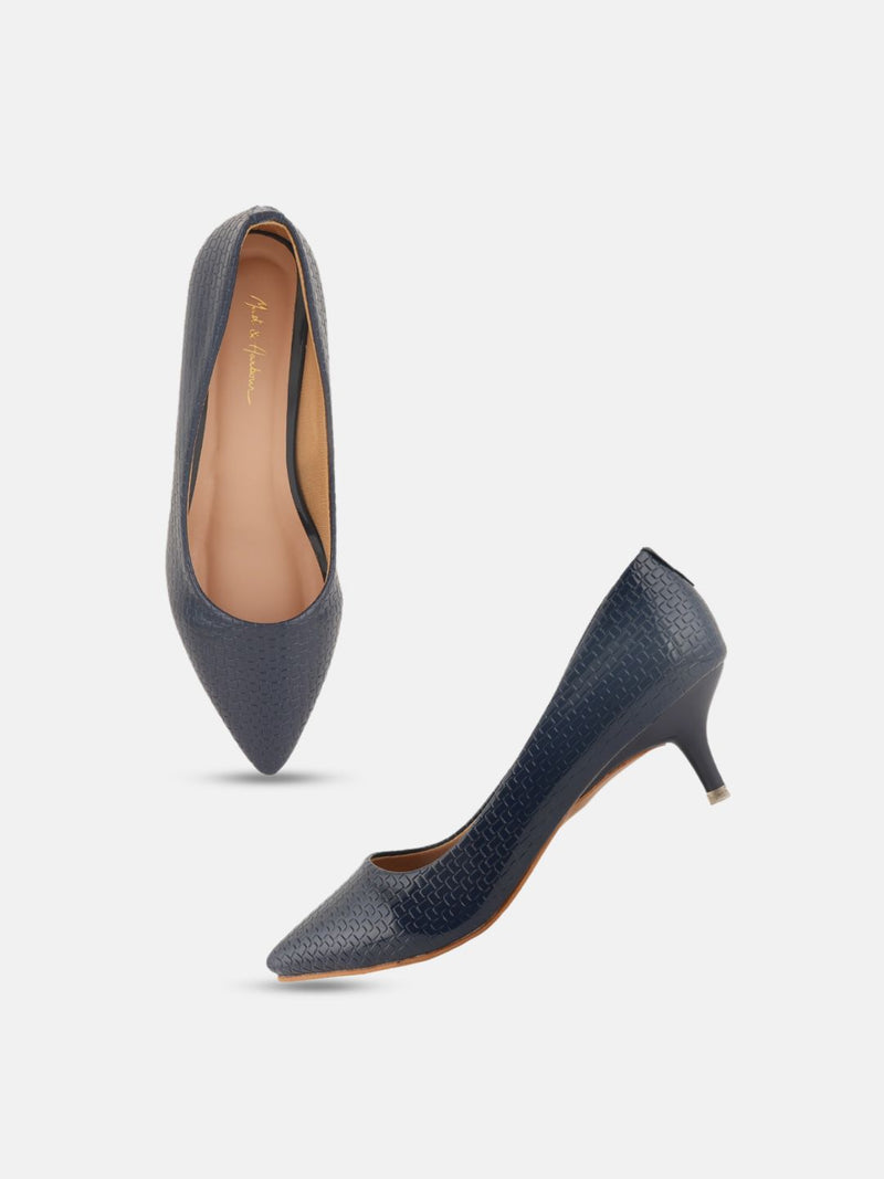 Mast & Harbour Navy Blue Textured Pointed Toe Kitten Heel Pumps