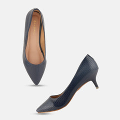 Mast & Harbour Navy Blue Textured Pointed Toe Kitten Heel Pumps